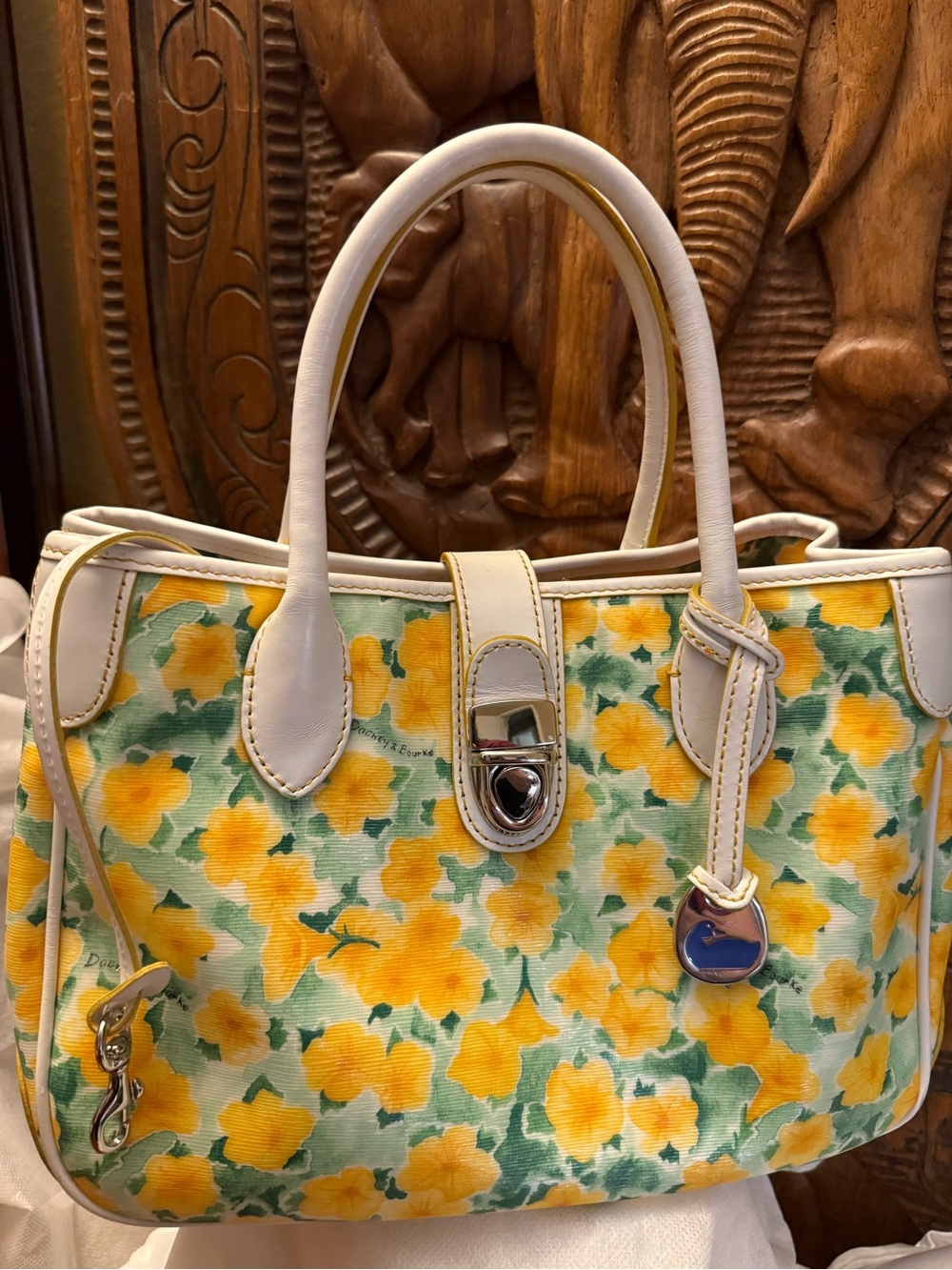 Vintage Dooney & Bourke Floral Yellow & Green Tote Handbag with White Trim Y2K🔥